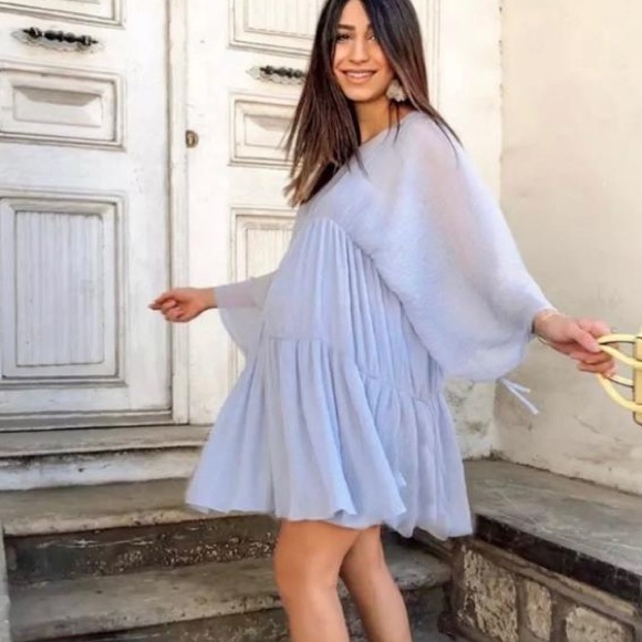 Zara Dresses & Skirts - Zara Blogger Fave Sheer Flowy Tiered Draped Shift Mini Dress Light Blue/Purple
